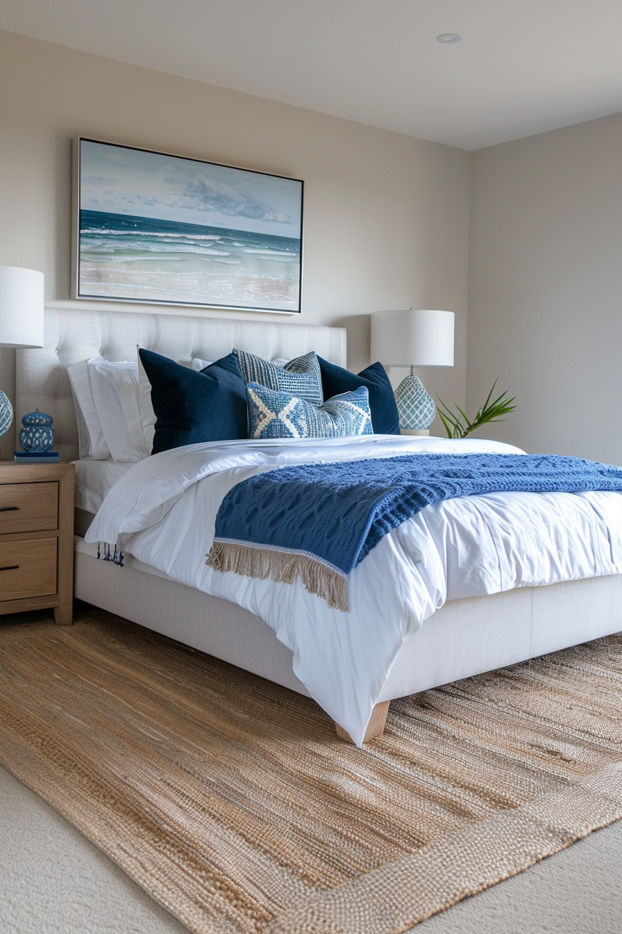 A neatly made bed with white and blue bedding in a bedroom with coastal decor, beige rug, and a framed ocean painting above.
