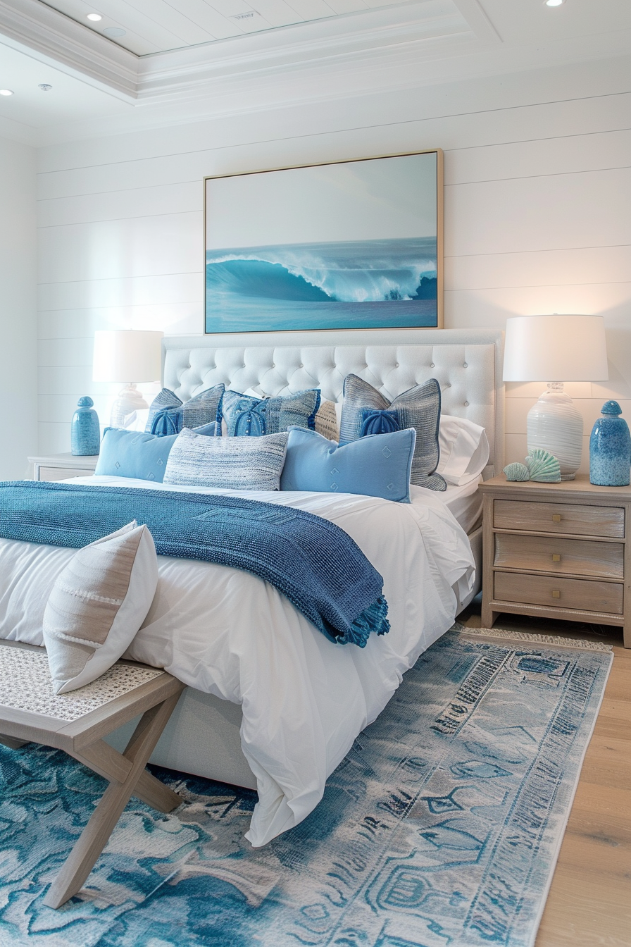 Cozy bedroom with a white tufted headboard, layers of blue pillows, a wave-themed painting above, and complementing blue decor accents.