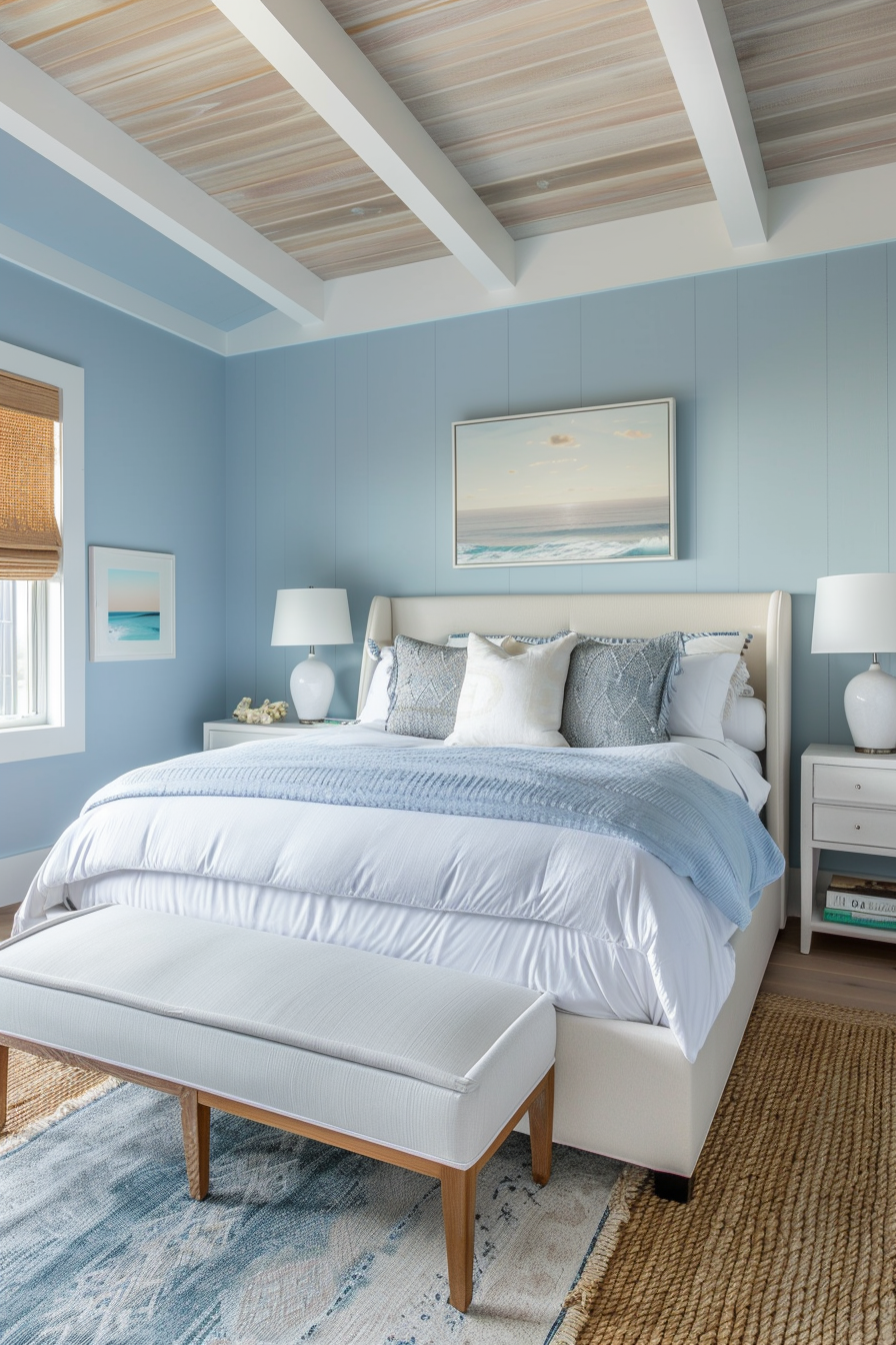 A serene bedroom with a blue color scheme, white bed linens, a bench at the foot, and ocean-themed artwork.