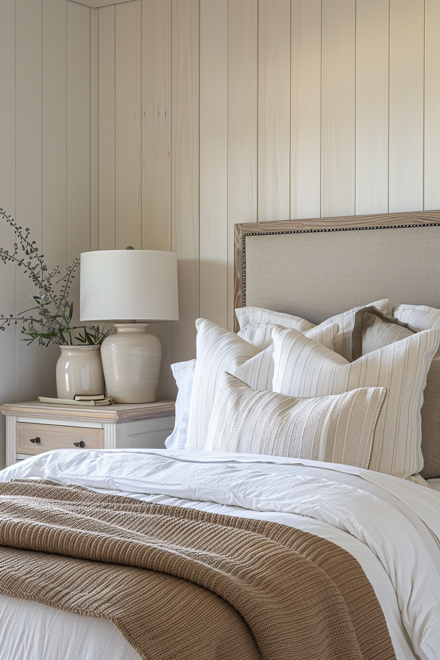 Cozy bedroom with plush white bedding, beige throw blanket, fluffed pillows, and a nightstand with a lamp and vase.