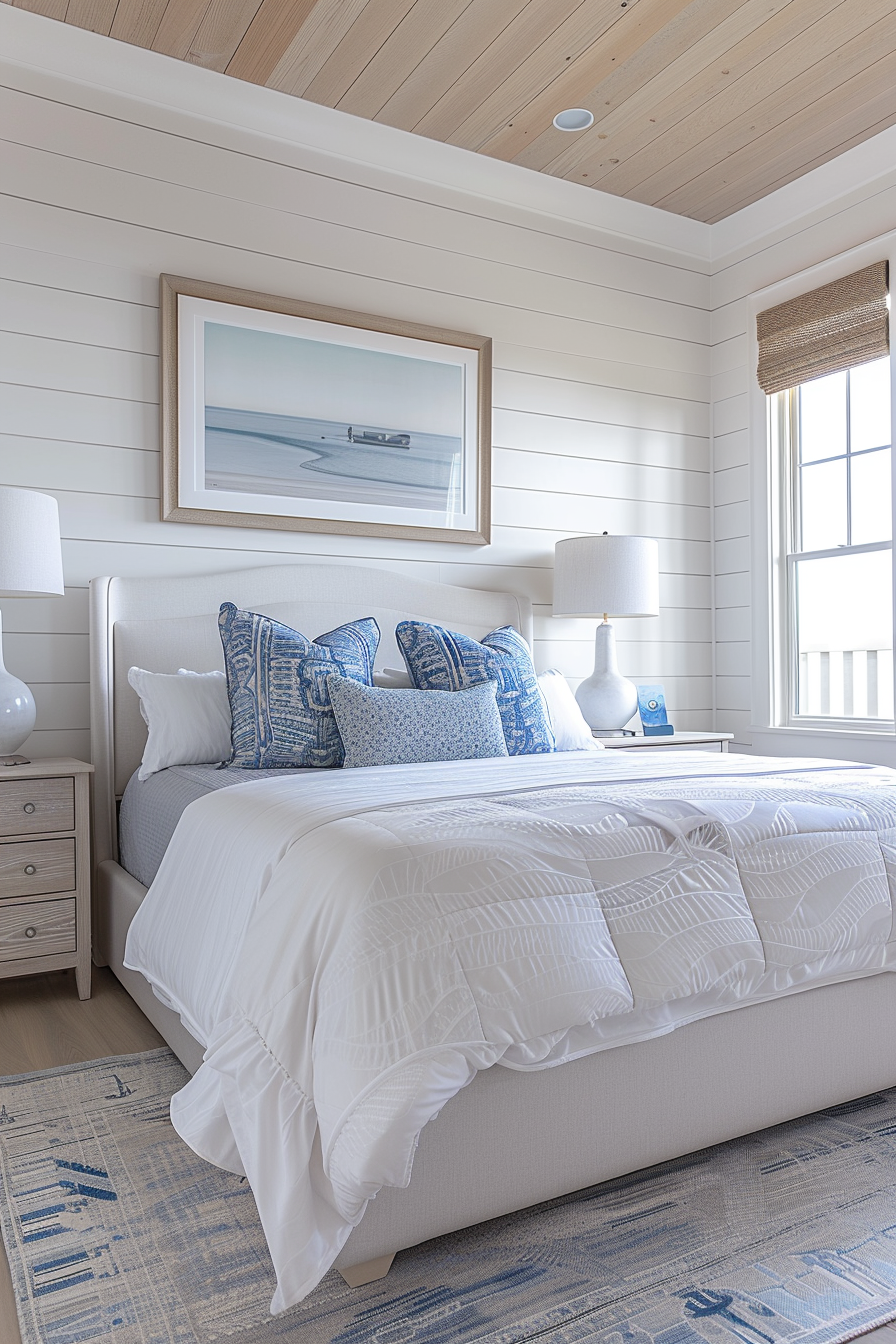 Cozy coastal bedroom with a neutral color palette, shiplap walls, wooden ceiling, and a framed seascape above the bed.