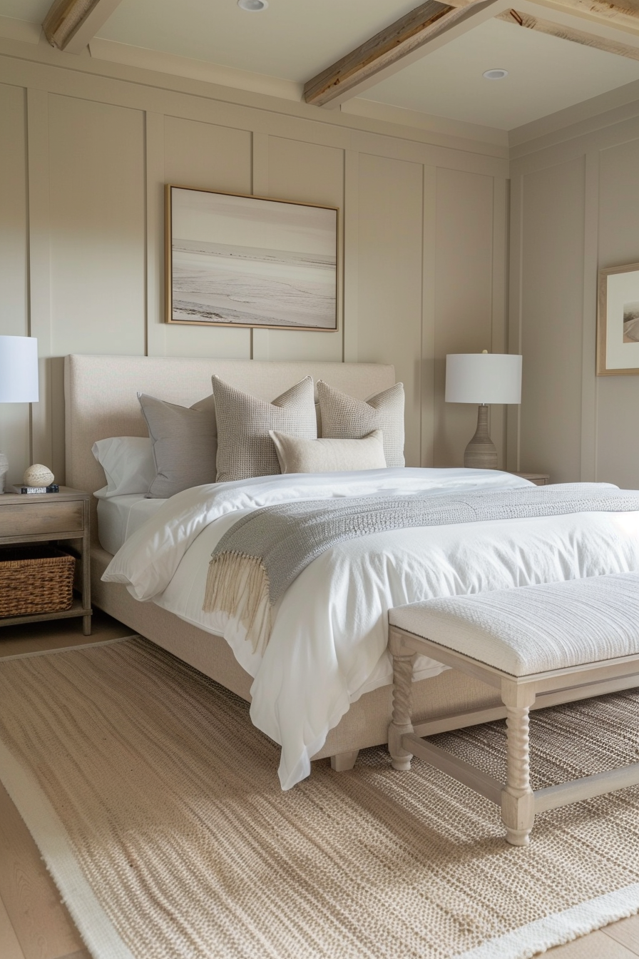A serene bedroom with a beige upholstered bed, white linens, exposed wooden beams, and soft natural light.