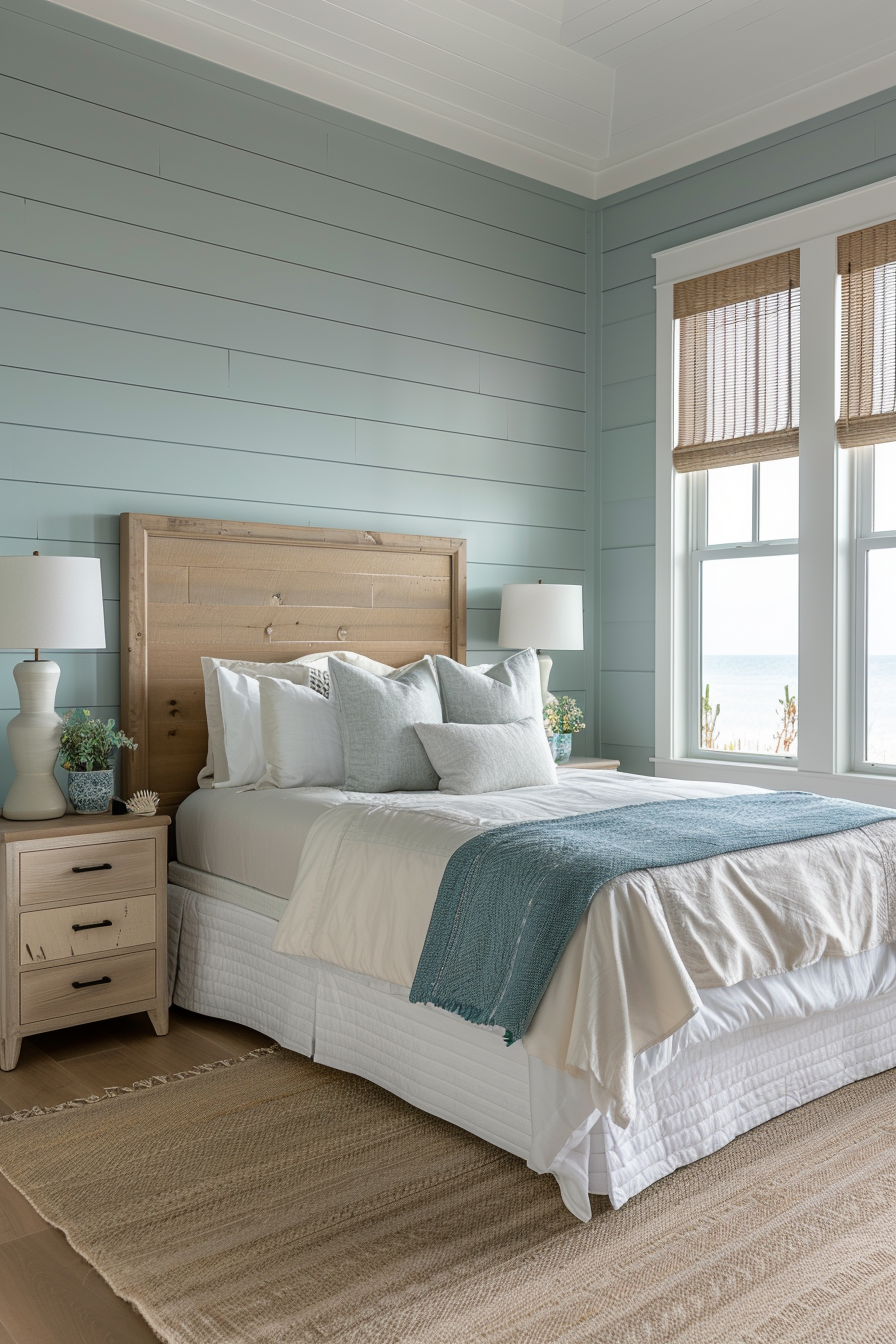 A cozy bedroom with a wooden bed frame, white and blue bedding, two lamps, beside a window overlooking the sea.