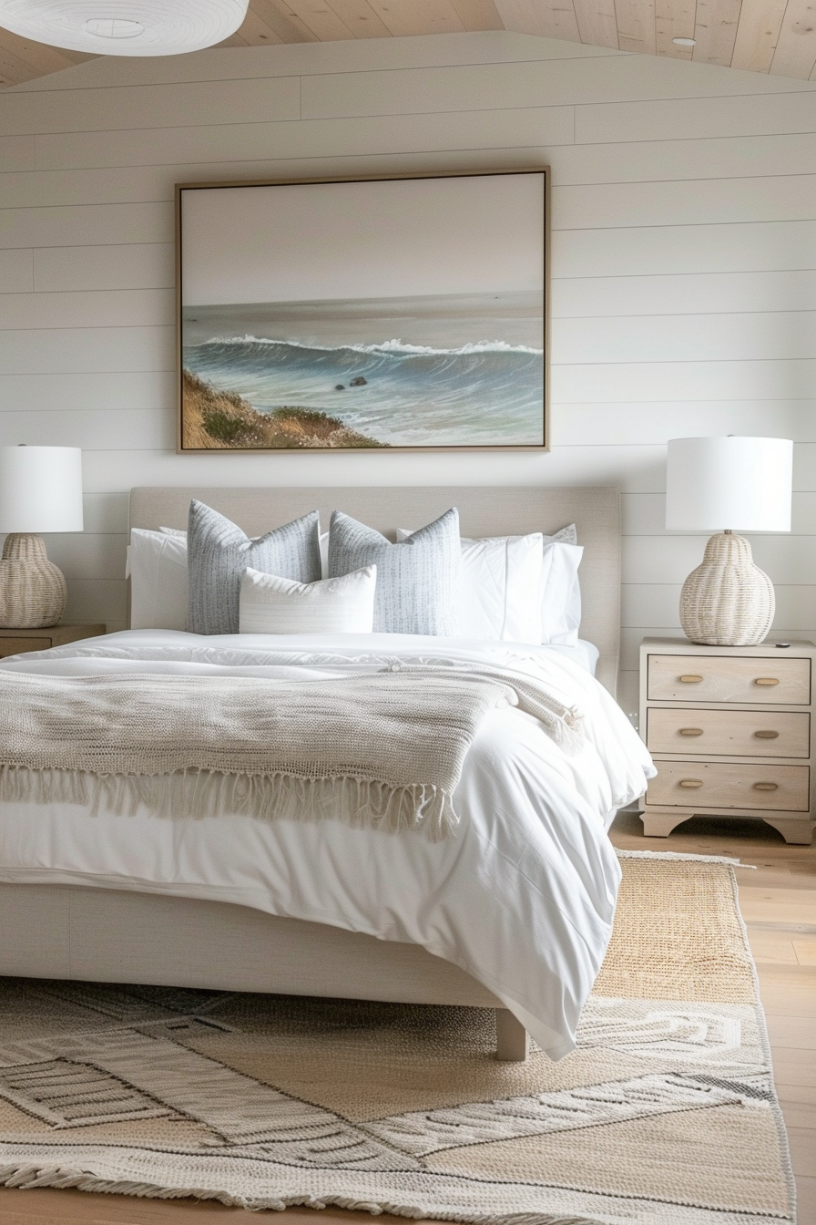 Cozy bedroom with a neatly made bed, patterned throw blanket, and a seaside painting above the bed, flanked by matching bedside lamps.
