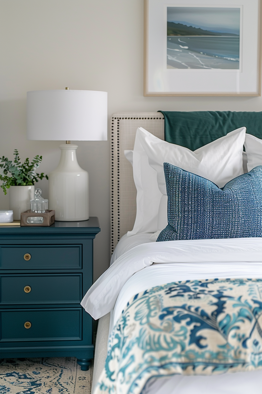 Cozy bedroom corner with a neatly made bed, blue patterned pillows, a dark teal nightstand, white lamp, and wall art of a beach scene.