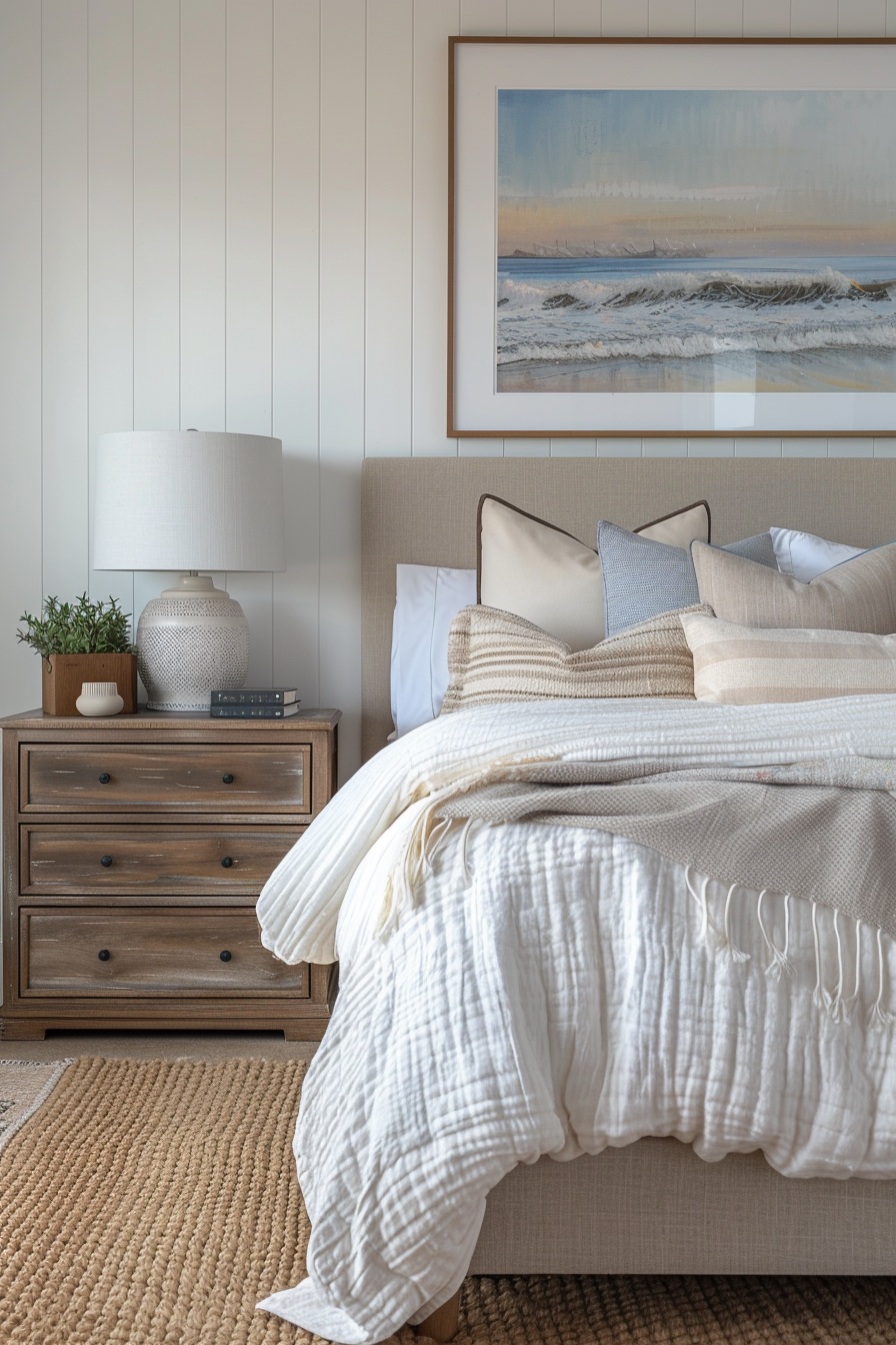 Cozy bedroom with a neatly made bed, wooden nightstand, lamp, and beach-themed artwork on the wall.