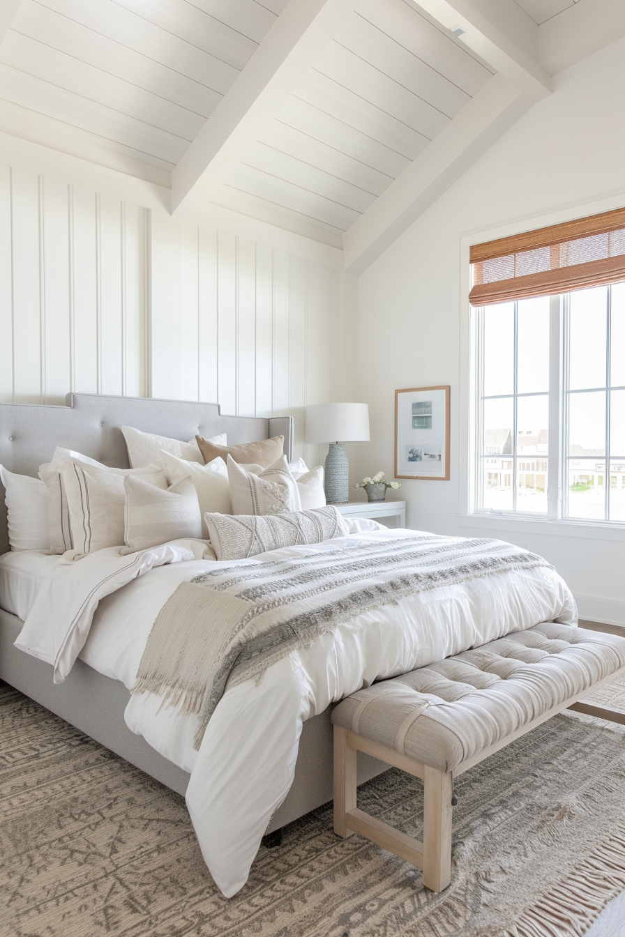 A neatly arranged bedroom with a plush bed, layered pillows, bench at the foot, under a white vaulted ceiling.
