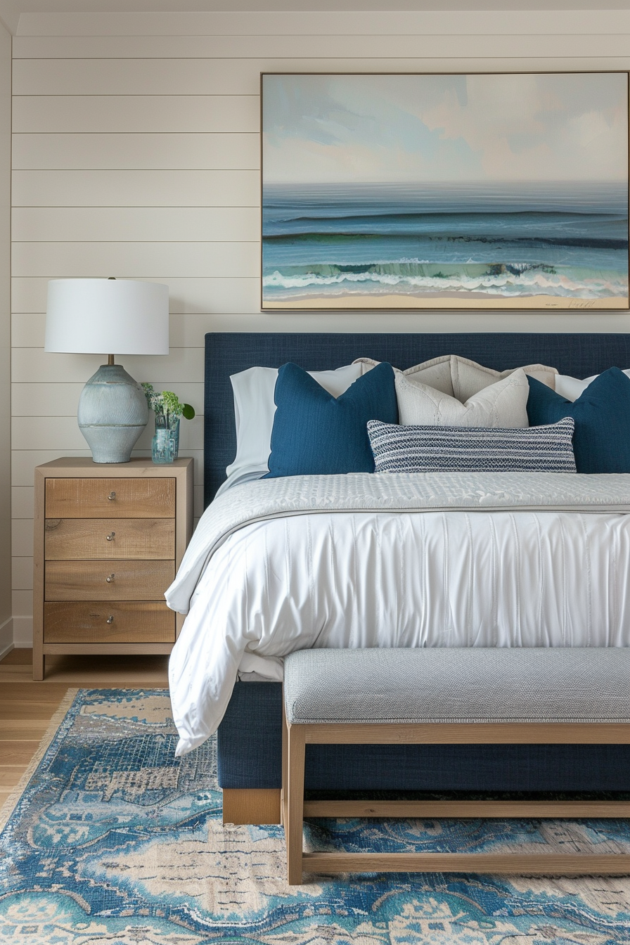 A coastal-themed bedroom with a blue upholstered bed, white linens, wooden nightstand, ocean artwork, and a patterned blue rug.