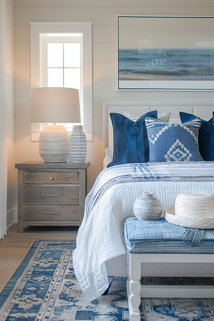 Cozy bedroom corner with a made bed featuring blue and white bedding, wooden nightstand with a lamp, and a framed ocean photograph.