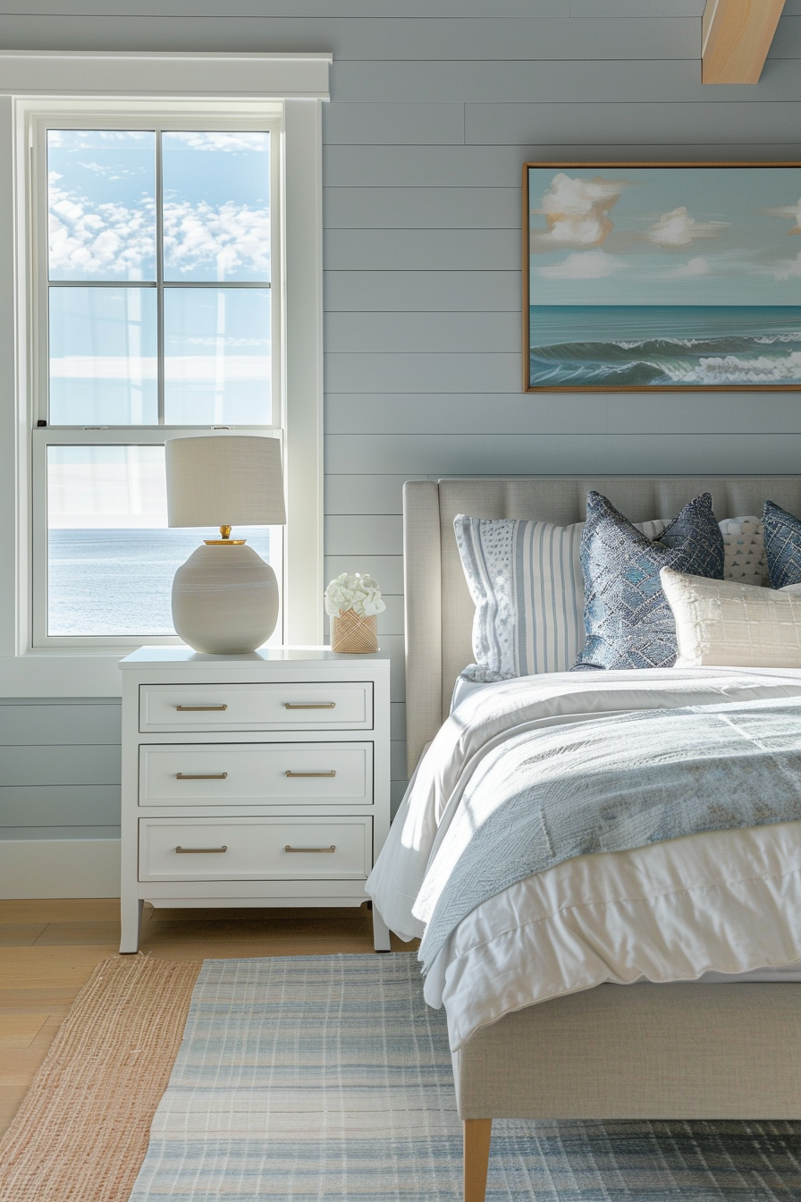 ALT Text: "Coastal-themed bedroom with a light-gray upholstered bed, white dressers, blue and white pillows, a serene ocean painting, and an open window revealing a clear sky."