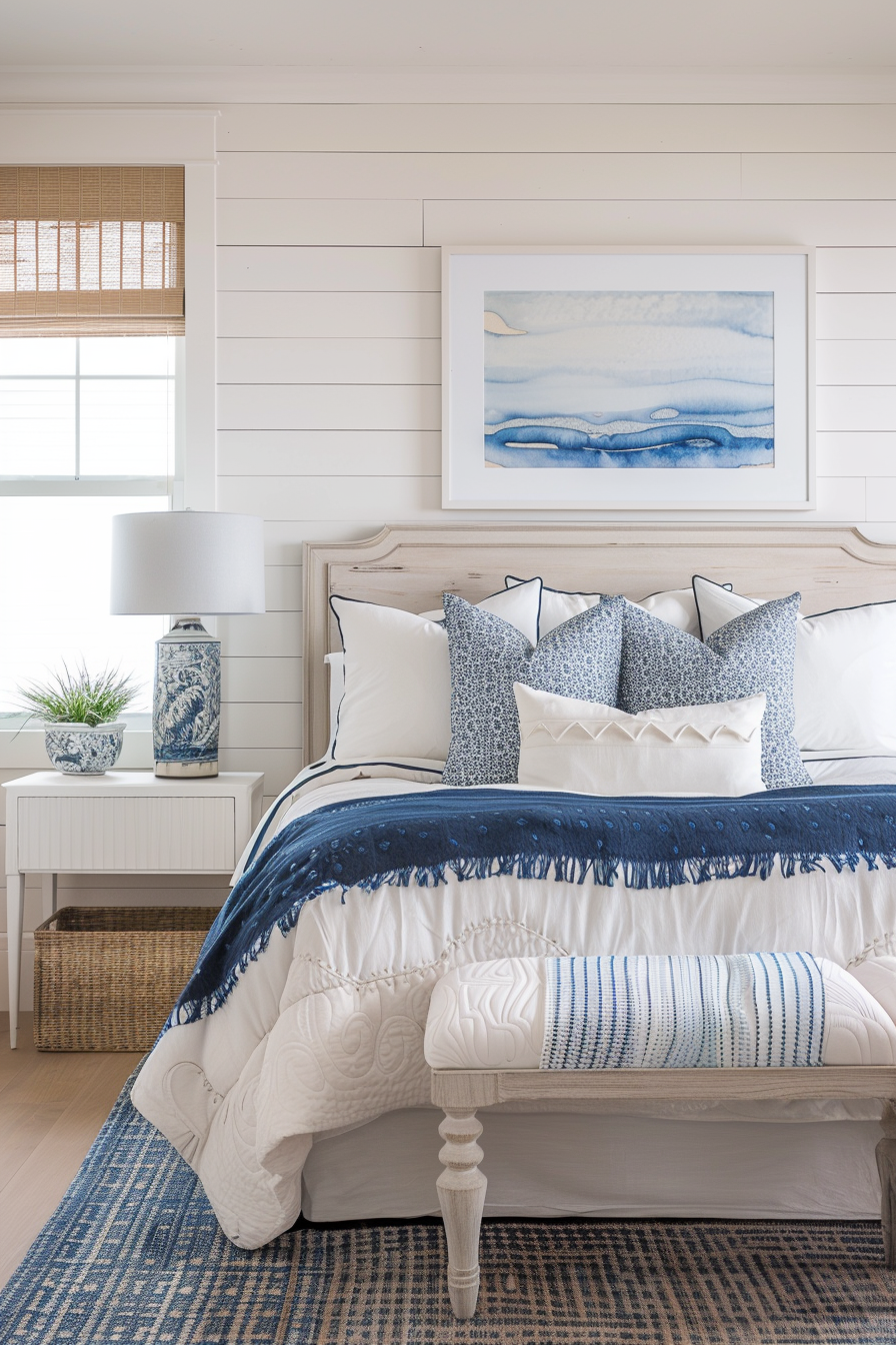 Cozy coastal-themed bedroom with layered blue and white bedding, wooden bed frame, and a serene abstract wall art.
