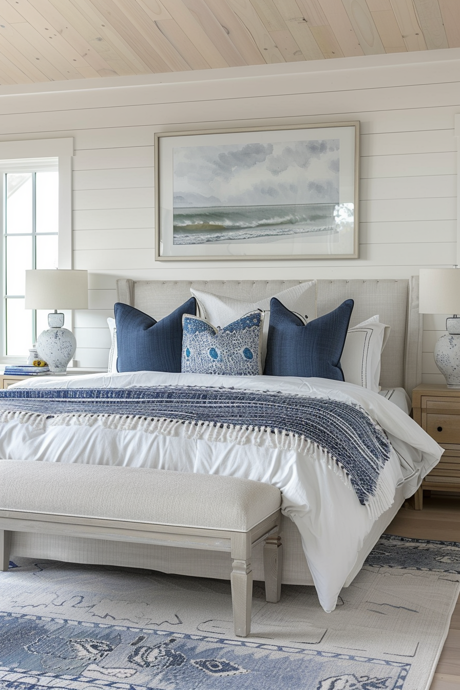 Cozy bedroom with a neatly made bed, blue and white pillows, a framed seascape painting, and a bench at the foot of the bed.