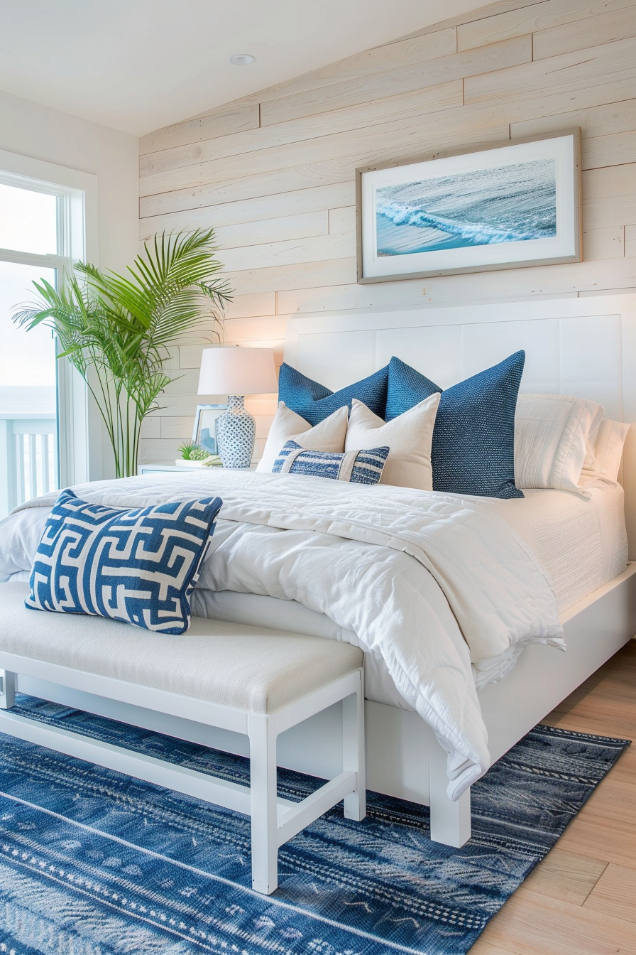 A cozy beach-themed bedroom with a white bed, blue pillows, a framed ocean picture, a plant, and a blue rug.