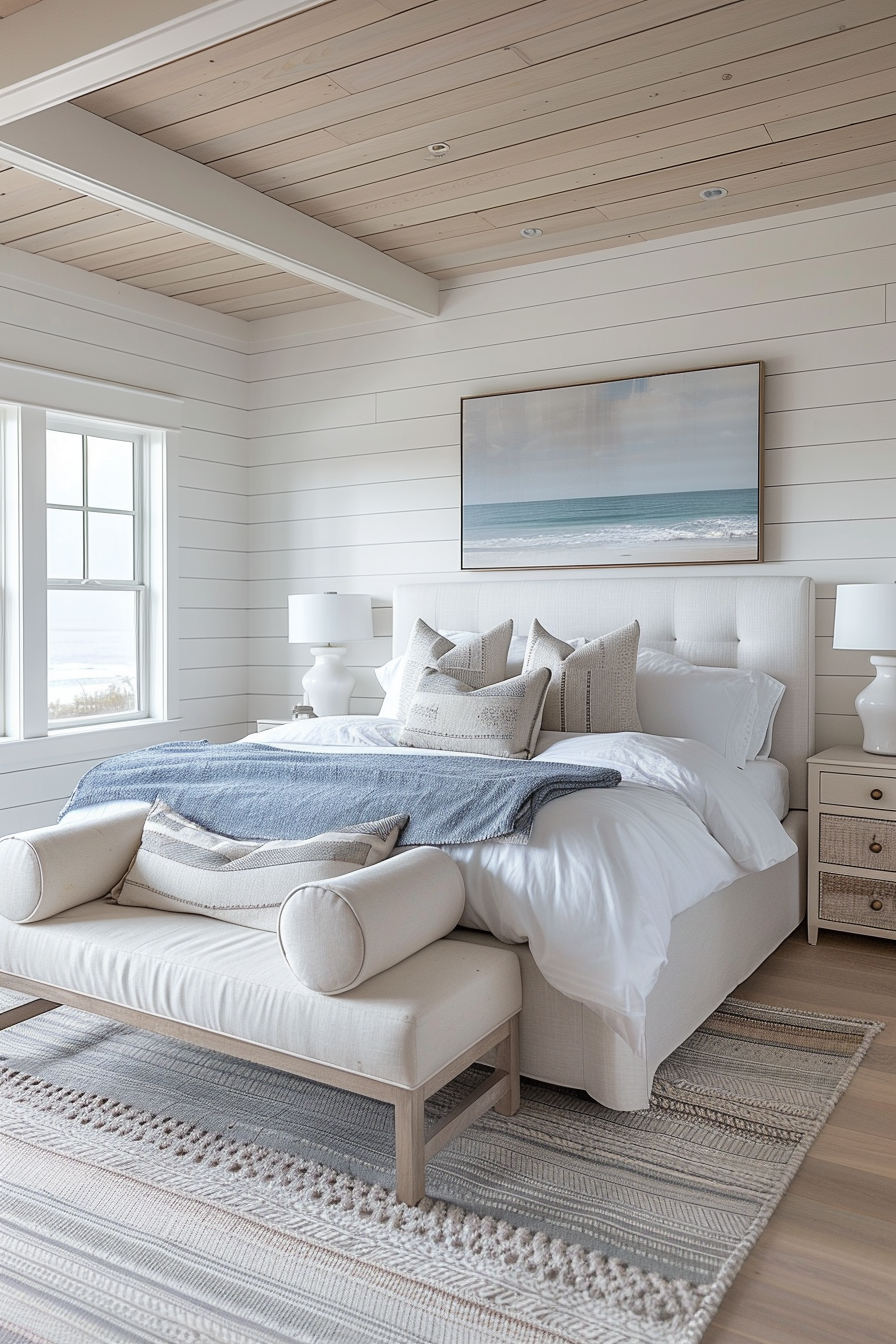 A cozy, bright bedroom with a white bed, plush pillows, a bench at the foot, wooden ceiling, and a painting of the ocean above the bed.