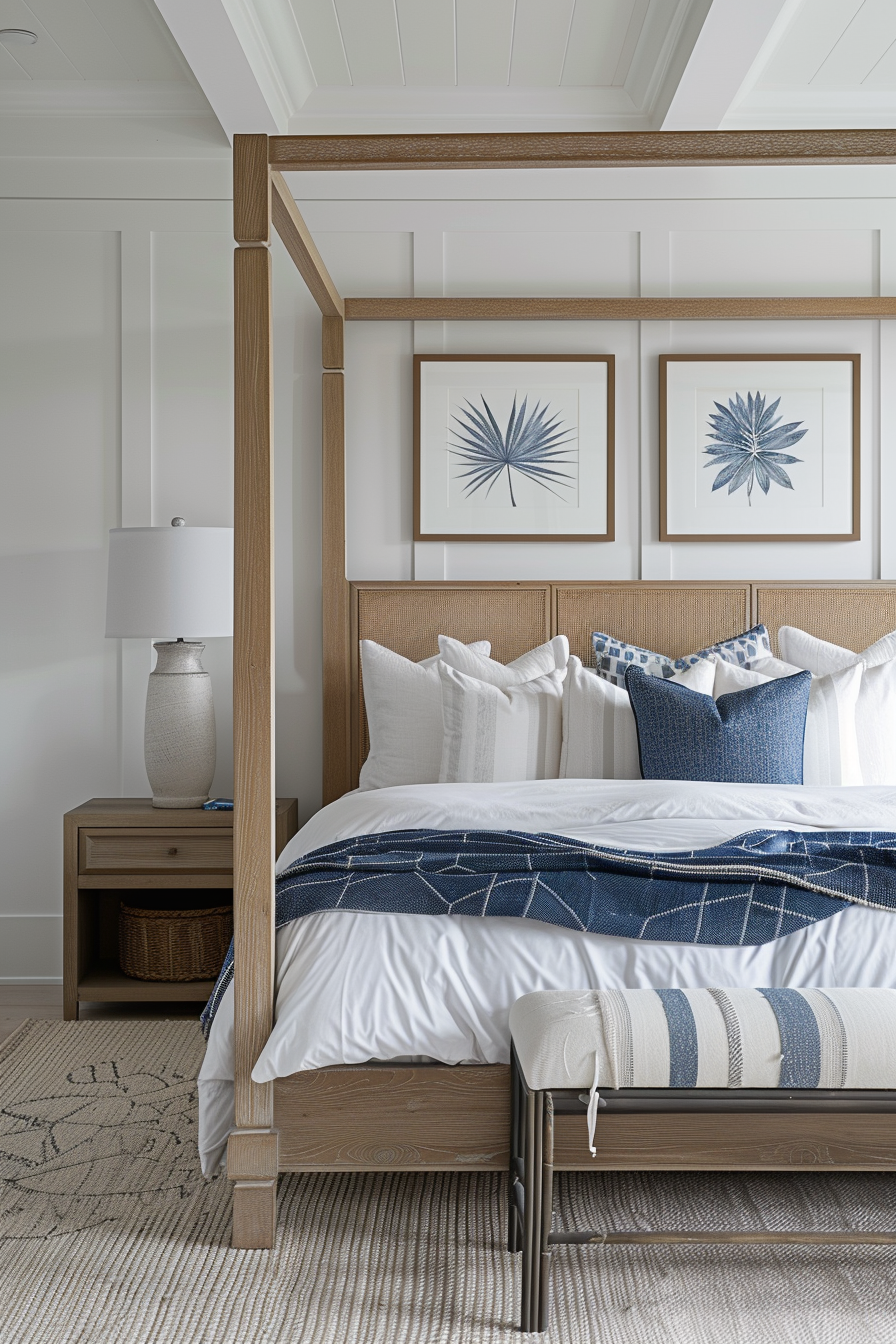 ALT: A cozy bedroom with a wooden four-poster bed, white bedding, blue accents, framed botanical prints on the wall, and a white lamp on a bedside table.