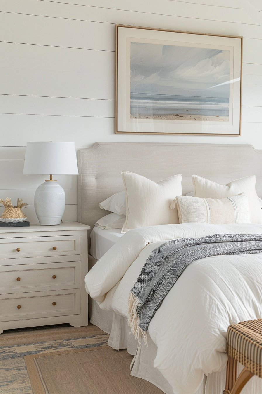 Cozy bedroom interior with neutral tones, a framed beach painting above the bed, white bedding, and a wooden nightstand with a lamp.