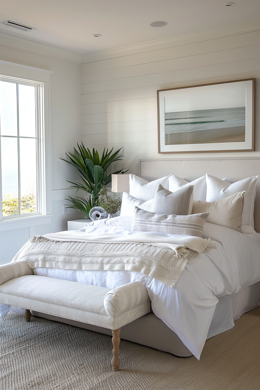 Bright, serene bedroom with a plush white bed, assorted pillows, a bench at the foot, and a large window to the right.