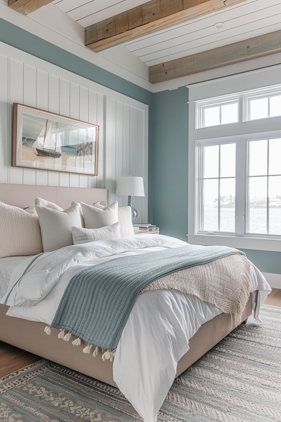 Cozy bedroom with a neatly made bed, pastel blue and beige bedding, framed sailboat picture, and a water view from the window.