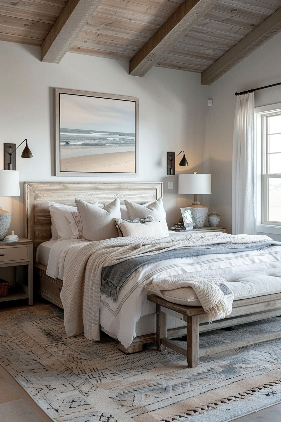 A cozy bedroom with a wooden bed, white and gray bedding, exposed beams, and a beach scene framed art.