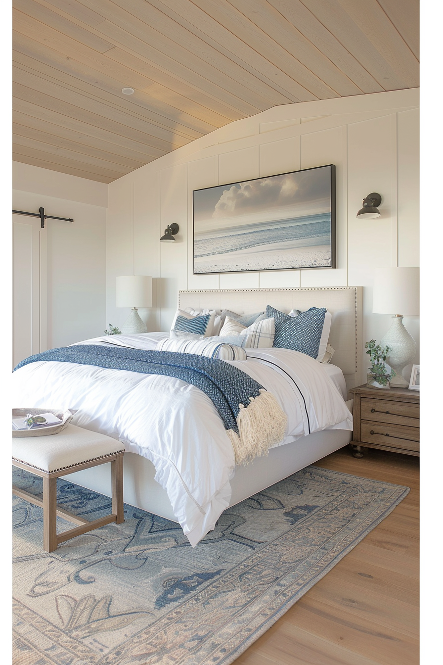 A cozy bedroom with a white bed, blue accents, wooden ceiling, and a beach scene painting above the bed.