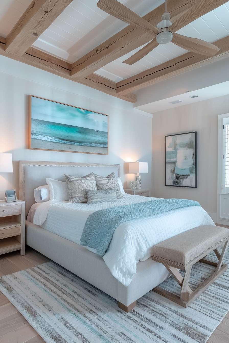 Cozy bedroom with a beige upholstered bed, blue and white bedding, wooden ceiling beams, a ceiling fan, and ocean-themed artwork.