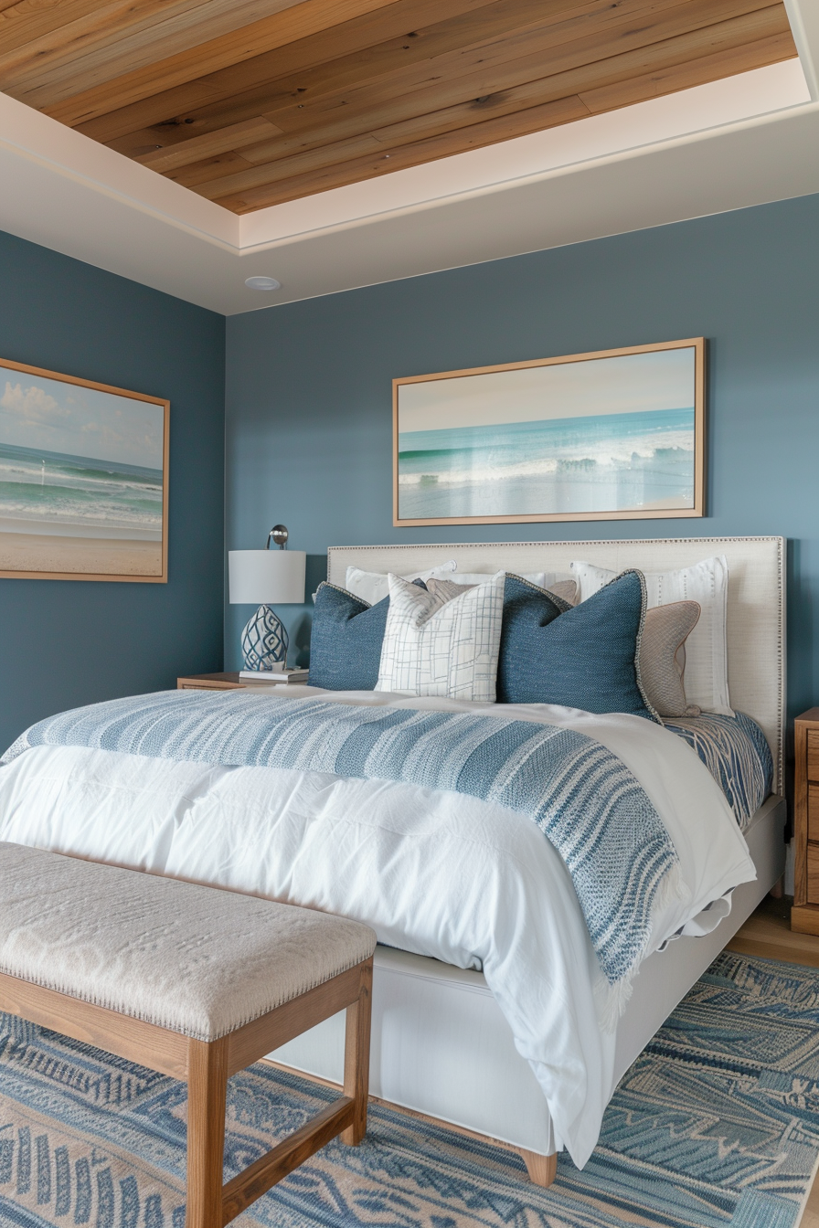 Cozy bedroom with a blue color scheme, wooden ceiling, framed ocean artwork, and matching textiles on the bedding and bench.