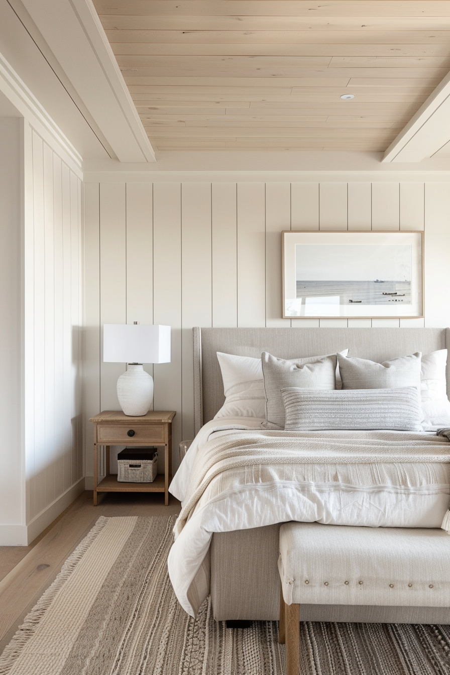 A cozy bedroom with a neutral color palette, featuring a bed with plush pillows, a wooden nightstand, and a framed ocean photograph.
