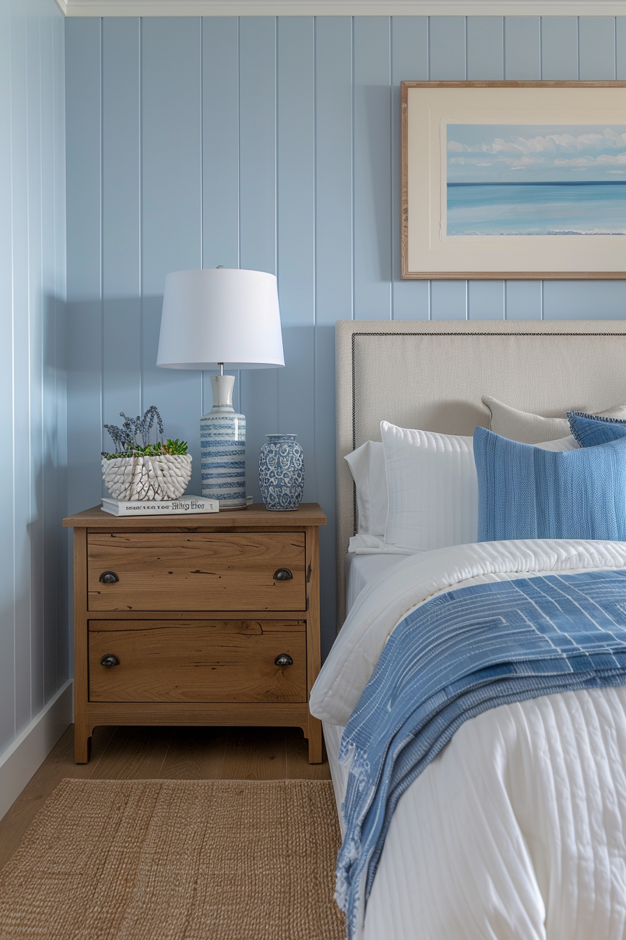 Coastal-themed bedroom with blue walls, a wooden nightstand, lamp, decorative objects, and a bed with blue and white linens.
