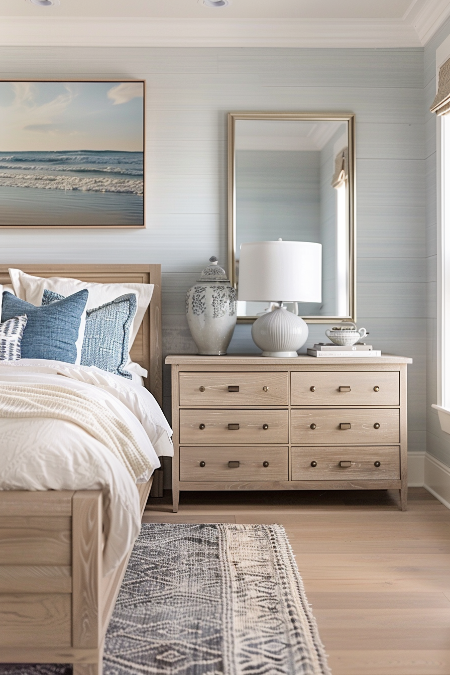 Coastal-themed bedroom with light wooden furniture, blue accents, patterned area rug, and sea landscape artwork.