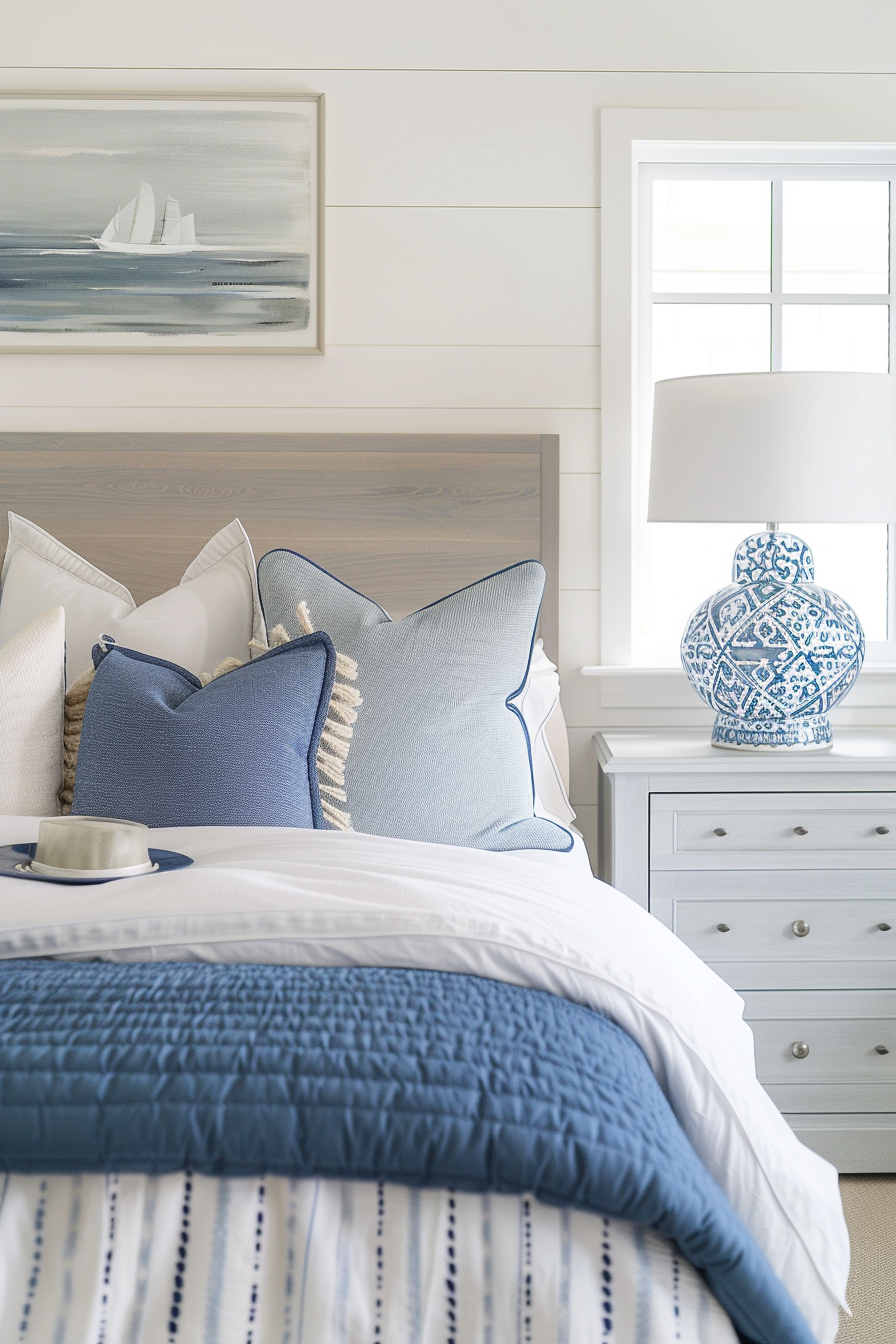 Coastal-themed bedroom with blue and white pillows, striped bedding, a sailboat painting, and a ceramic lamp on a dresser.