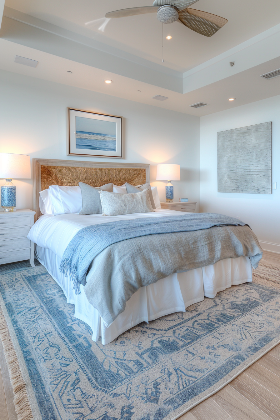 A serene bedroom with a wicker headboard, white bedding, blue accents from a throw and rug, and coastal-themed art.