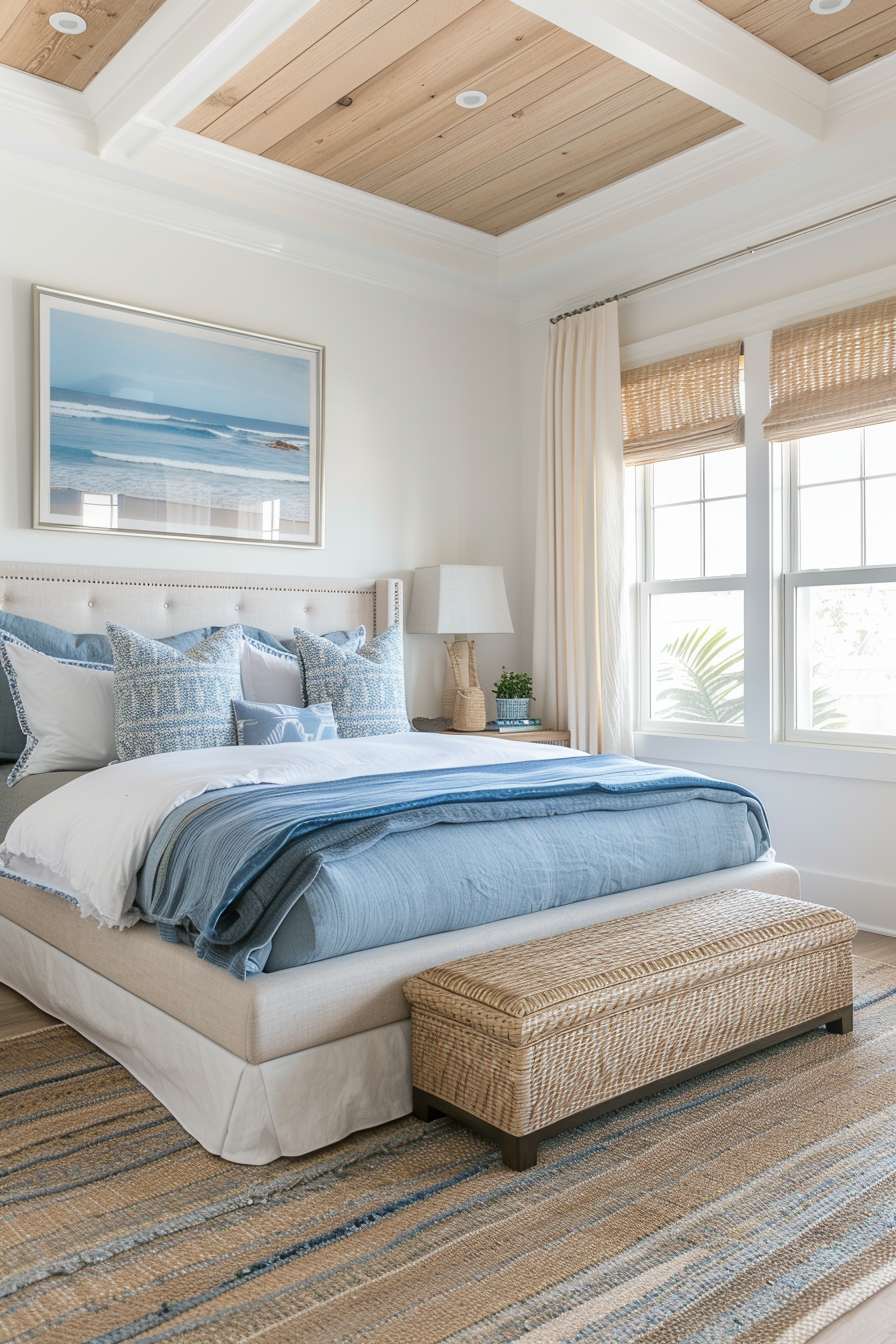 A cozy bedroom with a neatly made bed, blue and white bedding, woven bench at foot, framed ocean photo on wall, and natural light.