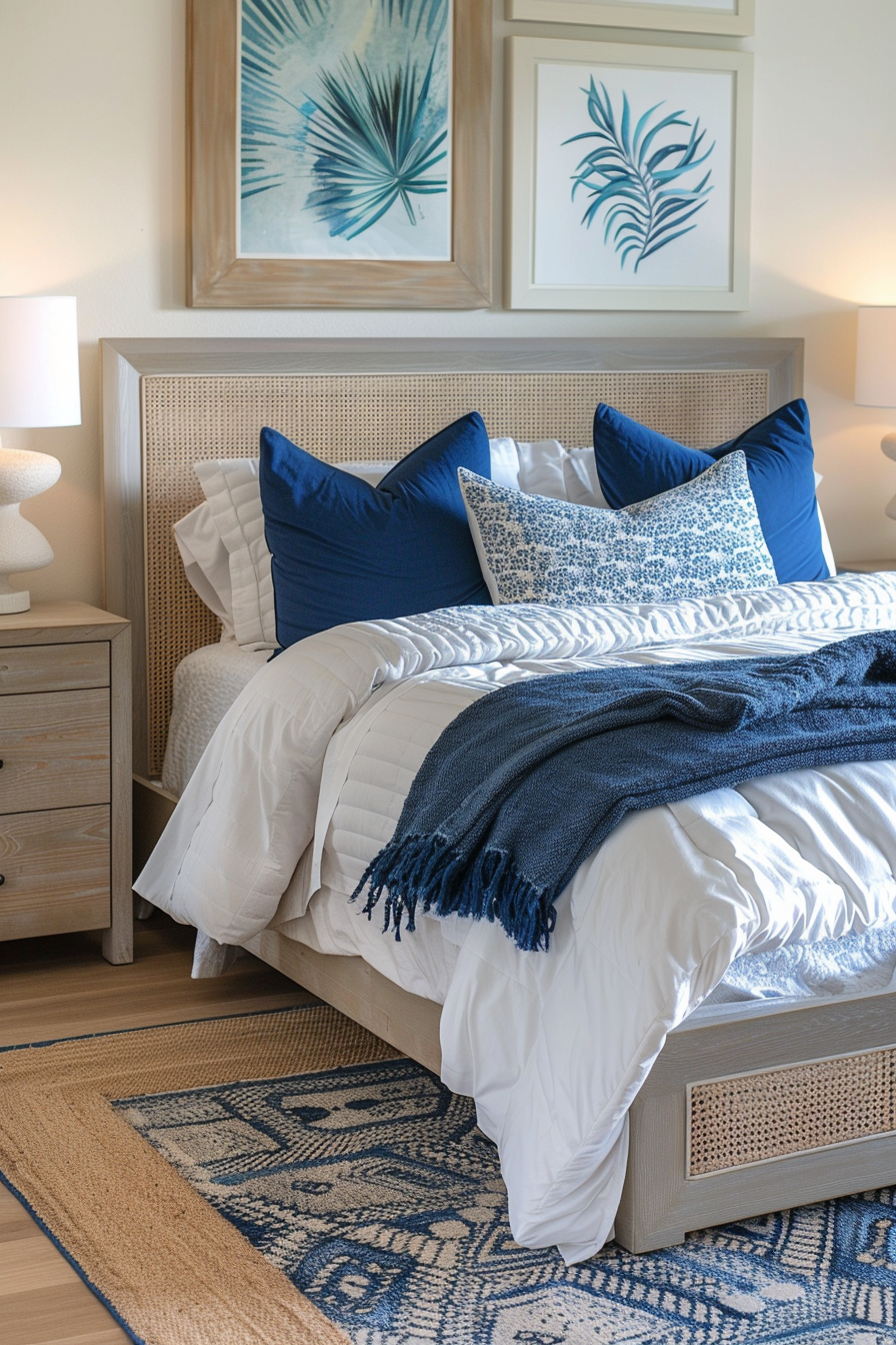 A cozy bedroom with a neatly made bed, blue and white pillows, matching framed botanical prints, and a warm blue throw on a patterned rug.