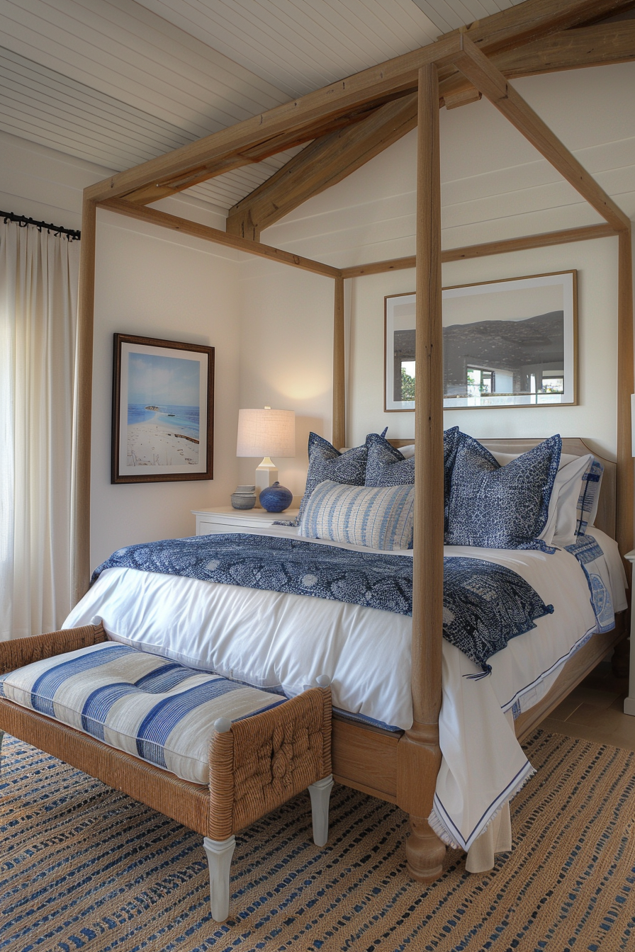 A cozy bedroom featuring a four-poster bed with blue and white bedding, a wicker bench at the foot, and a framed beach painting.