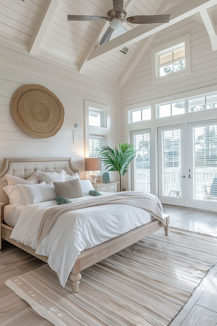 Bright and airy bedroom with vaulted ceiling, wooden bed, white linens, and French doors leading to an outdoor area.