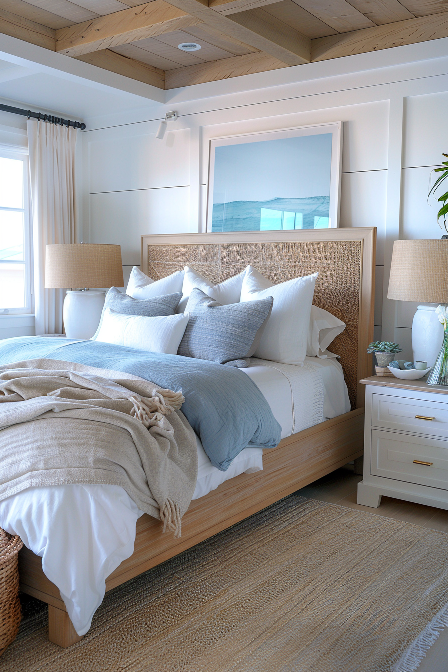 Cozy bedroom with a wicker bed frame, blue and white bedding, wooden ceiling, beige curtains, and a framed sea landscape artwork.