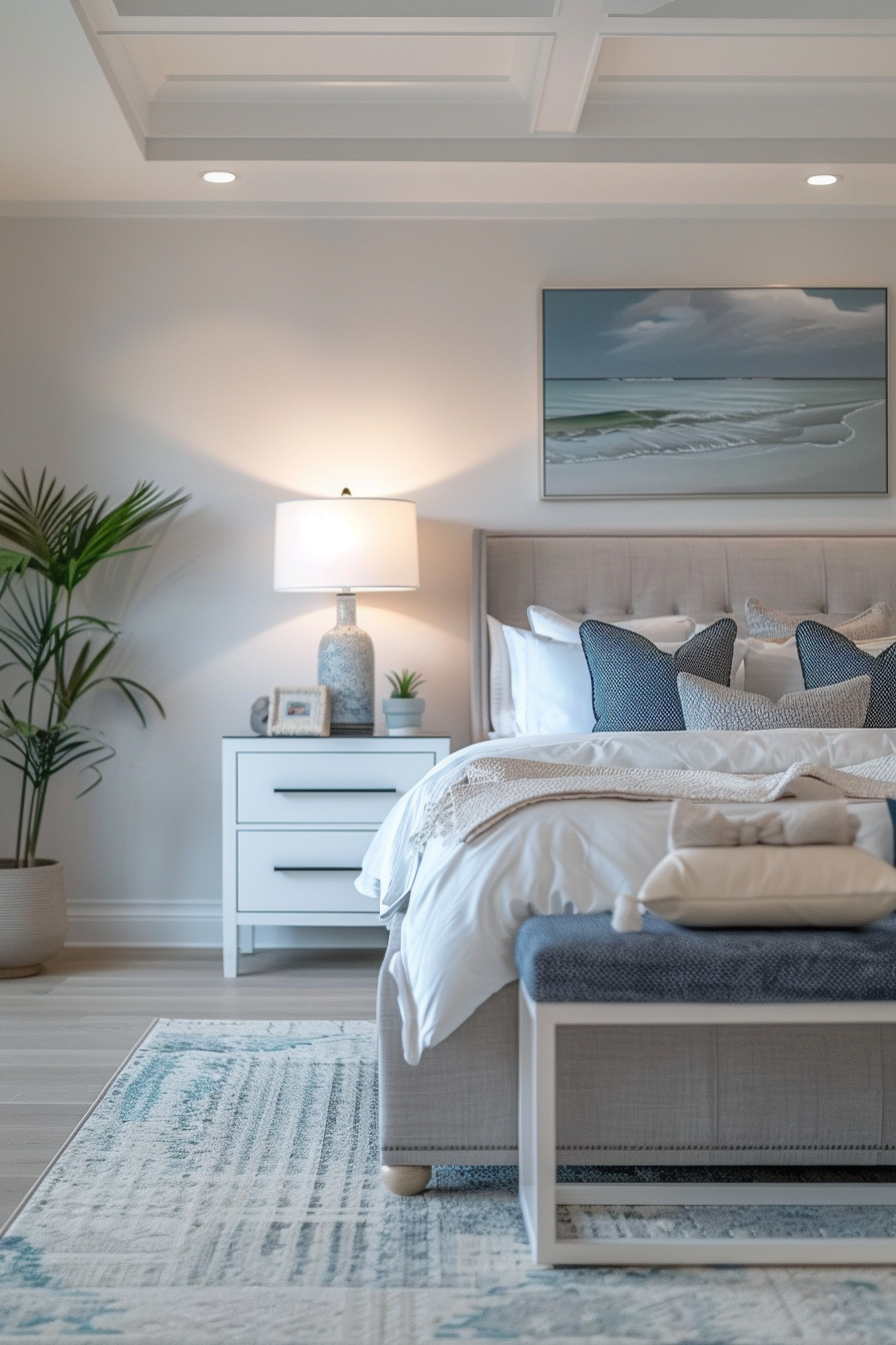 A serene bedroom with a white and blue color scheme, featuring a comfortable bed, nightstand with lamp, and framed beach artwork.