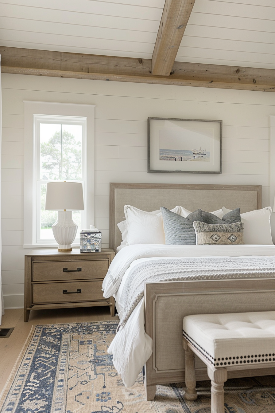 A cozy bedroom with a neutral color scheme, featuring a bed with pillows, a bench, a nightstand with a lamp, and a framed artwork on the wall.