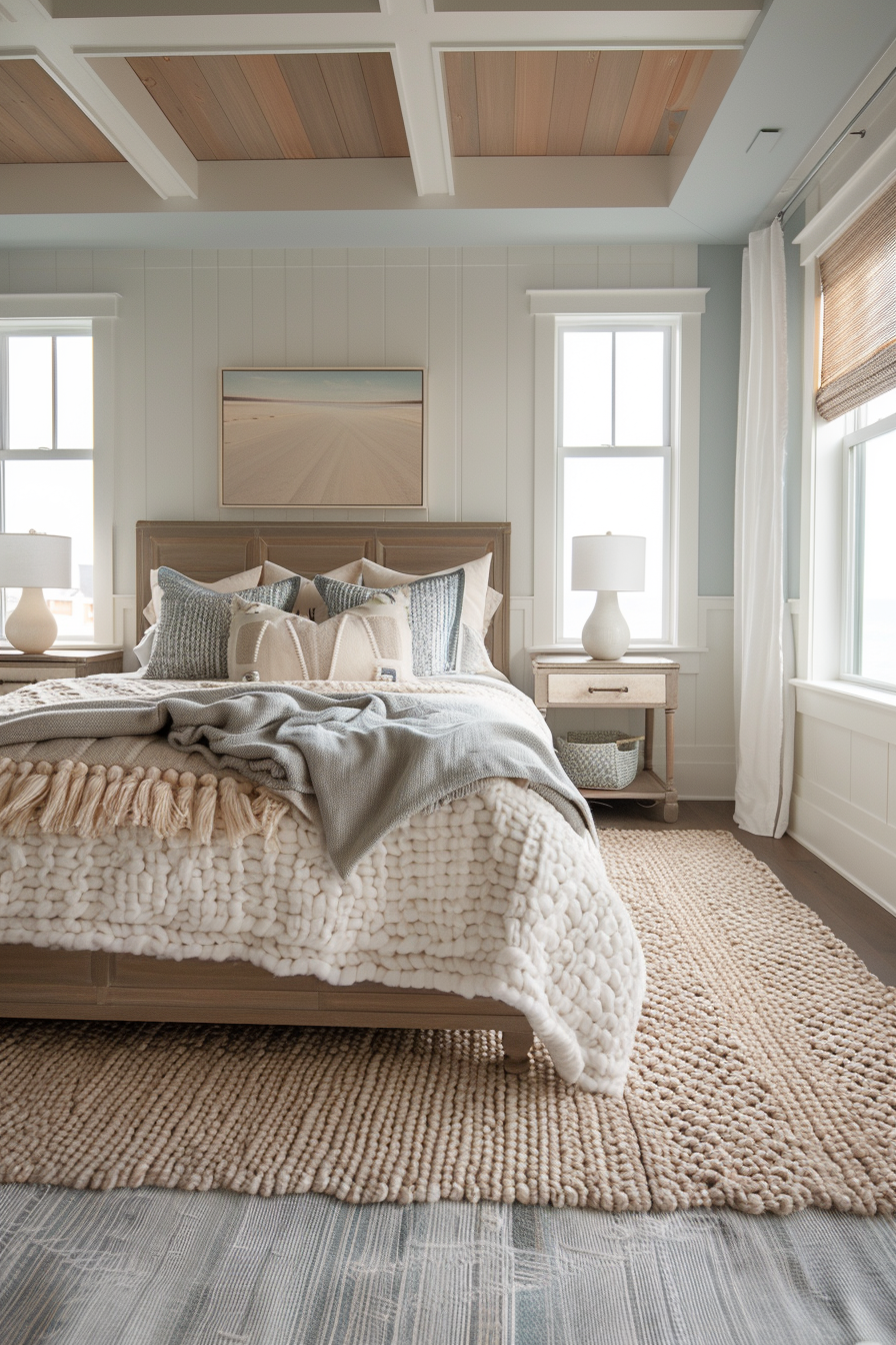 A cozy bedroom with a neatly made bed, plush white blankets, pastel-colored walls, wooden ceiling details, and beach-themed decor.