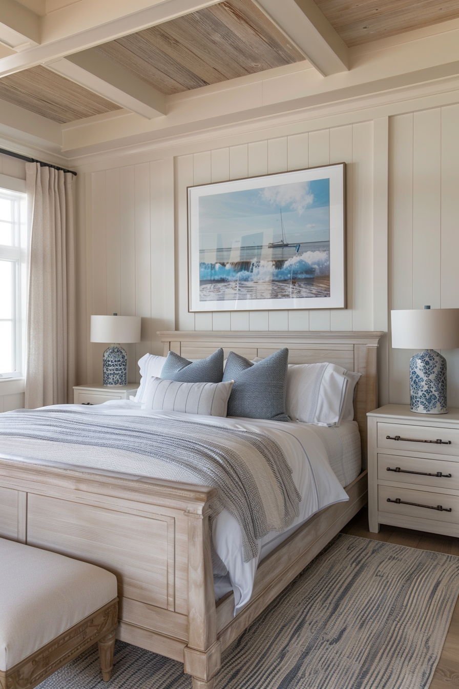 Elegant coastal bedroom with wooden bed, blue and white bedding, framed sea artwork above, and wood-beamed ceiling.