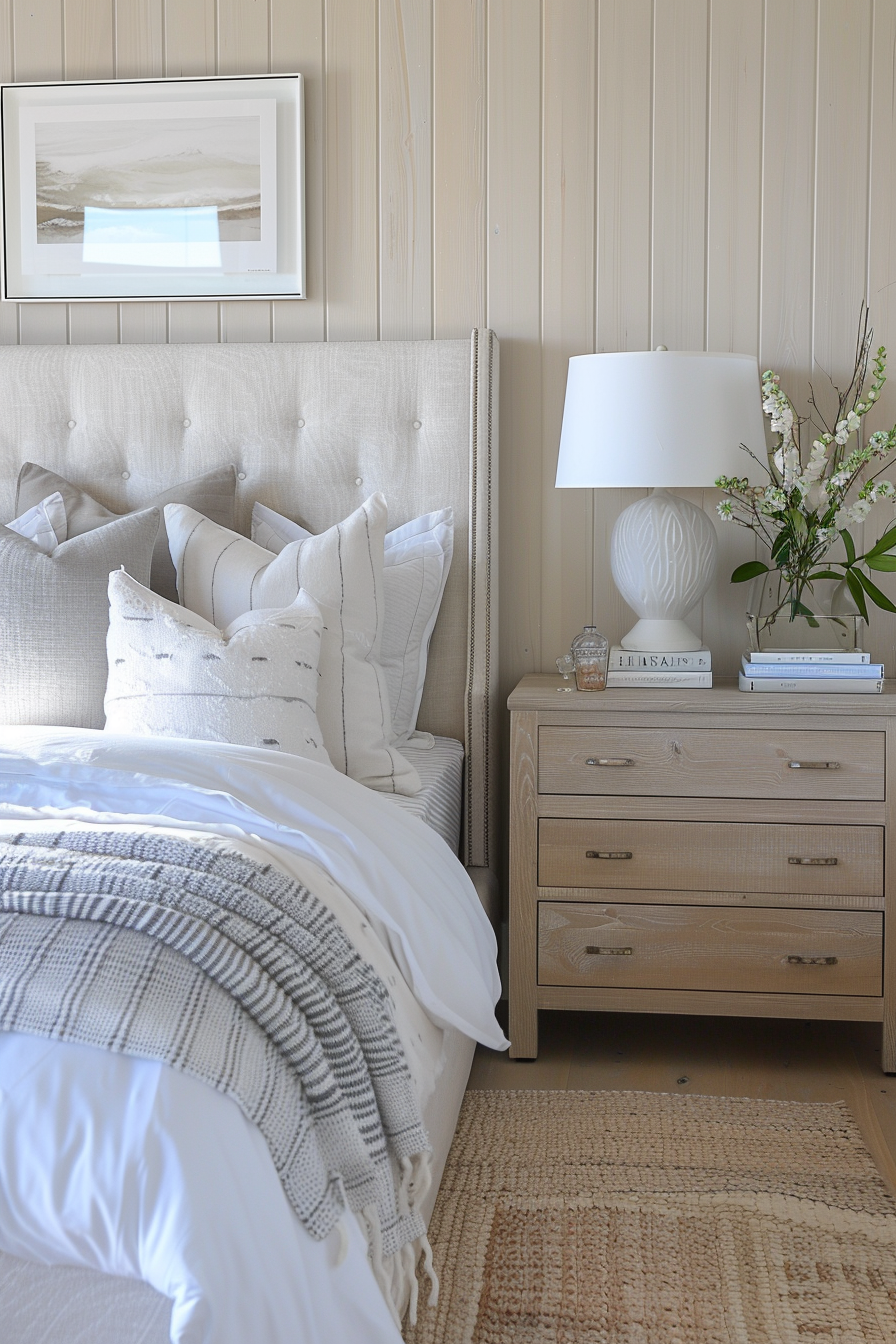 Cozy bedroom with neutral tones, upholstered headboard, patterned throw blanket, wood nightstand, lamp, and wall art.