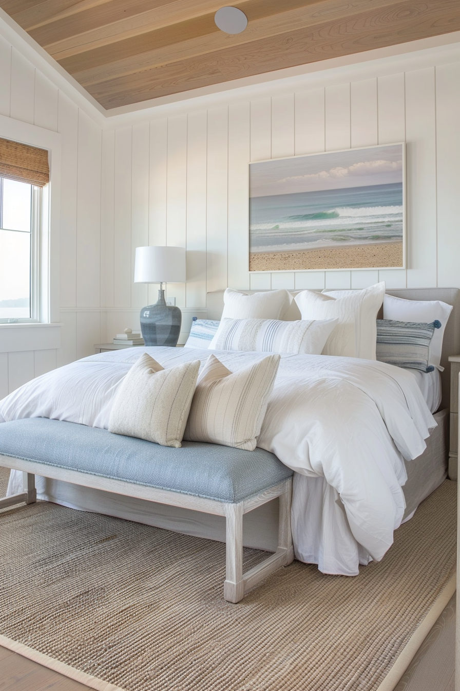 A cozy bedroom with a white bed, blue and white pillows, a bench at the foot, a lamp on a side table, and a beach scene painting above.