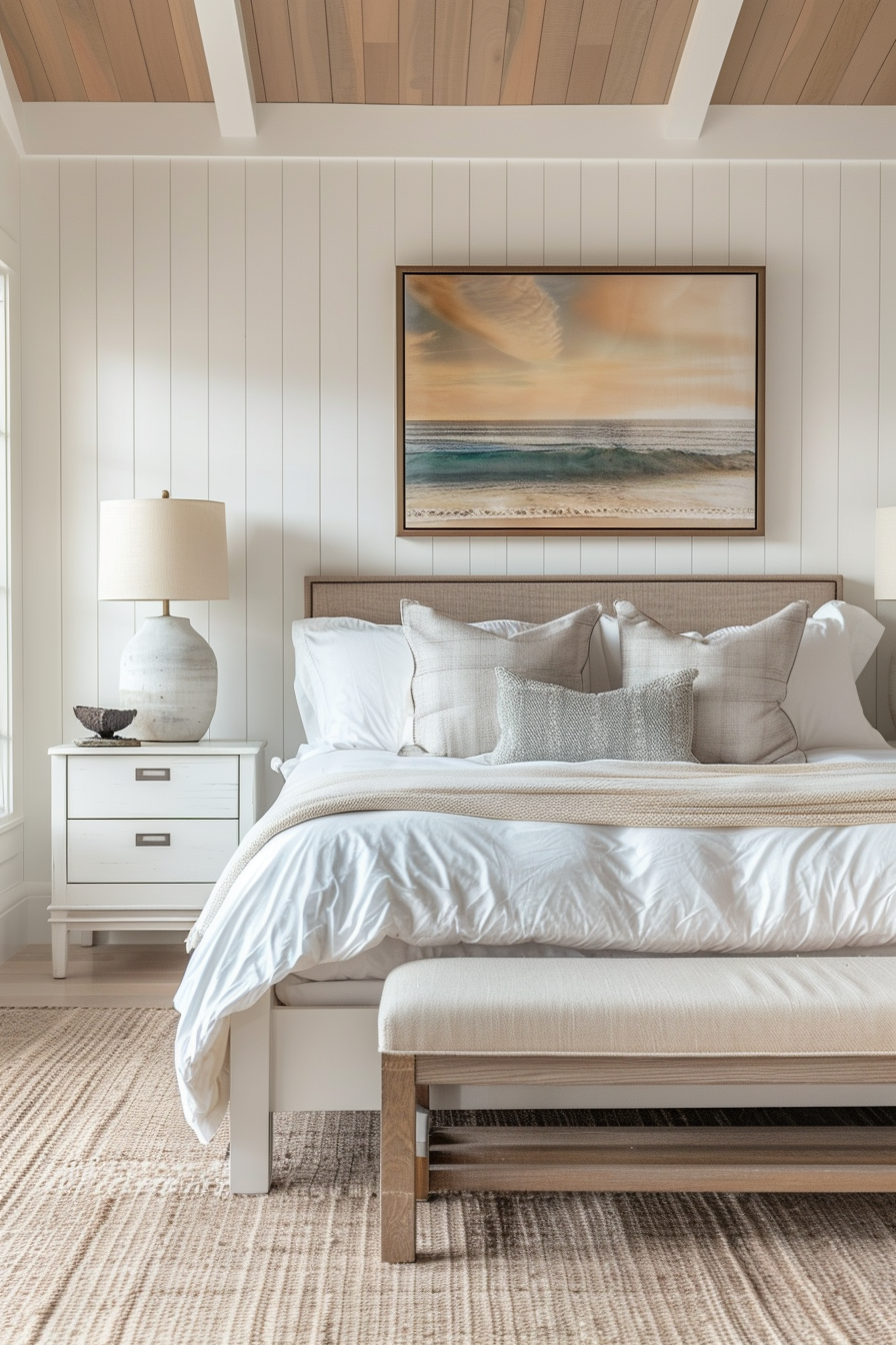 Elegant bedroom interior with a comfortable bed, neutral tones, wood-paneled ceiling, beachscape artwork, and natural light.