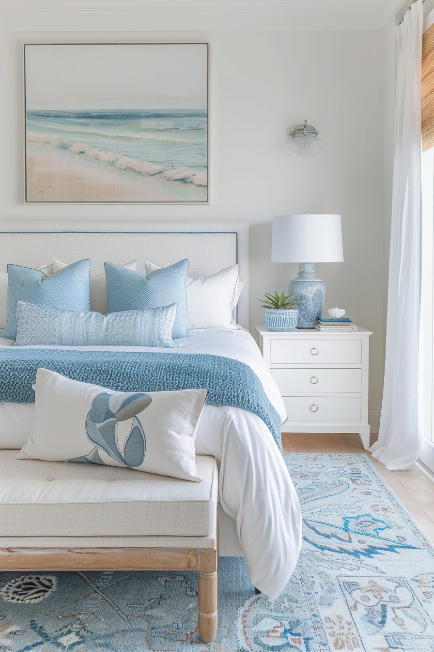 ALT text: A cozy bedroom with a neatly made bed, blue and white bedding, a beach-themed painting above, and a light blue decorative lamp on a nightstand.