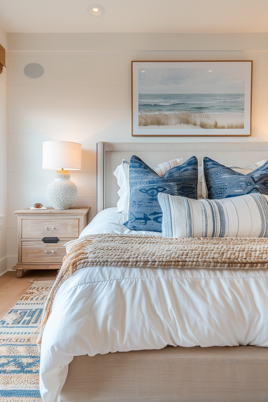A cozy bedroom with a neatly made bed, decorative pillows, a nightstand with a lamp, and a framed beach landscape above the bed.