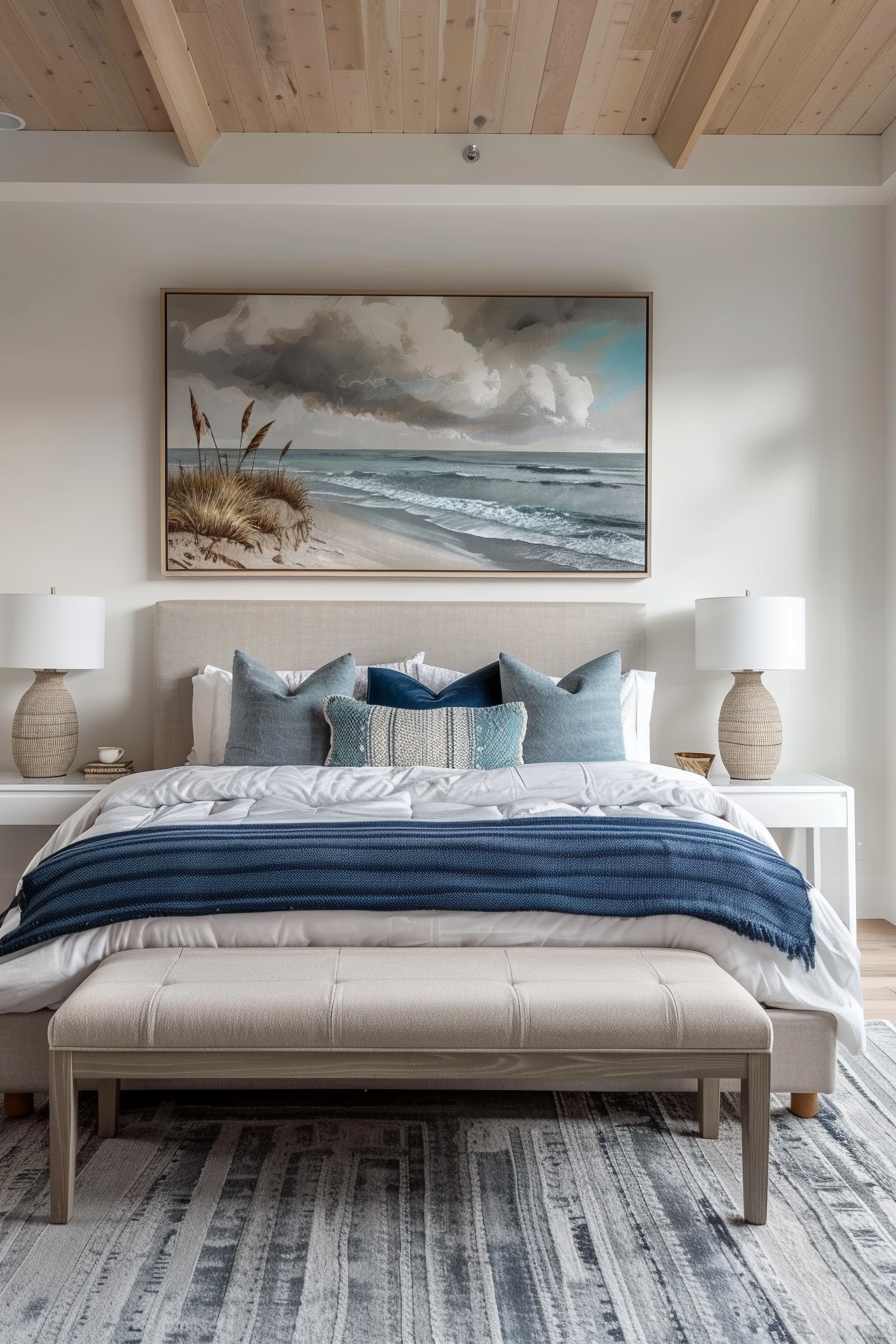 Cozy bedroom with a beige upholstered bed, blue bedding, wooden ceiling, and a beach scene painting above the bed.