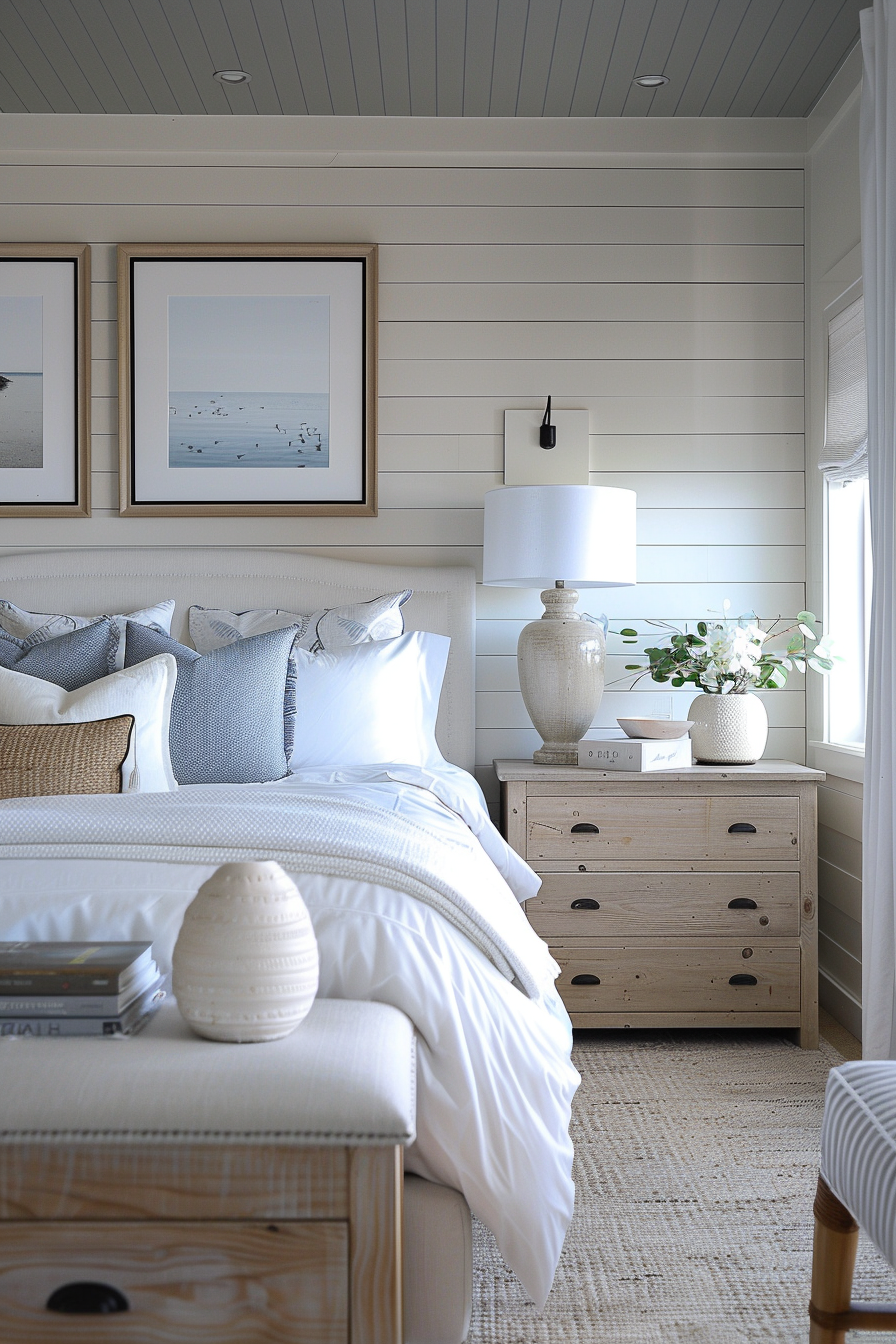 A serene bedroom with a plush bed, white and blue bedding, wooden nightstand, lamp, and framed artwork above the bed.