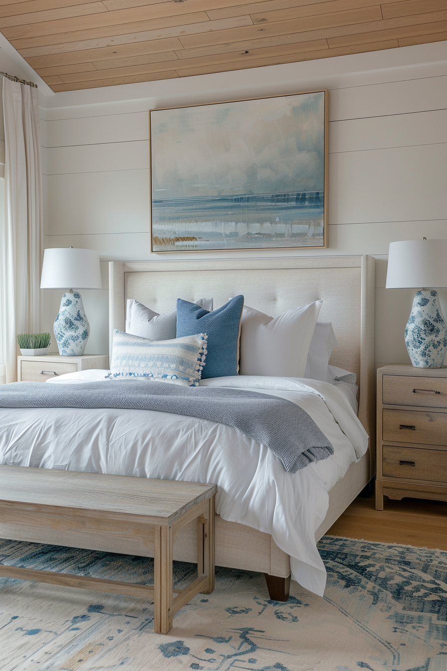Cozy bedroom with a neatly made bed, blue and white decor, wooden furniture, and a landscape painting above the headboard.