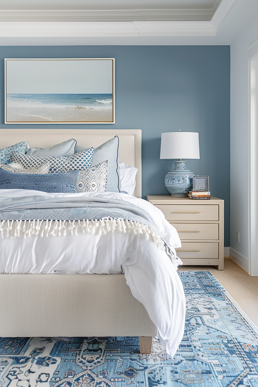 Coastal-themed bedroom with a beige bed, blue patterned bedding, a white lamp on a bedside table, and a sea landscape painting.