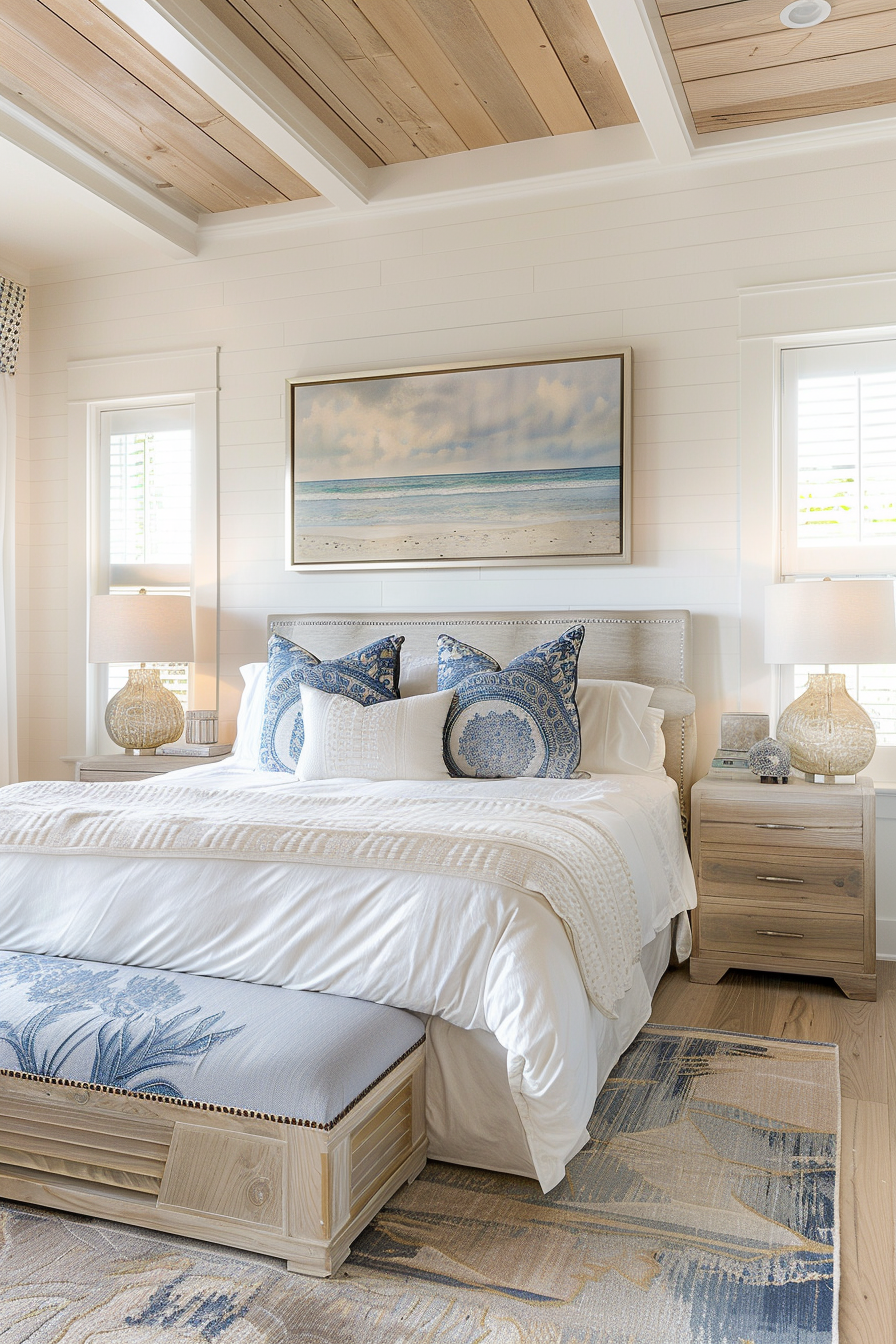 A bright beach-themed bedroom with a white and blue color scheme, featuring a comfortable bed, wooden ceiling, and a seascape painting.